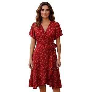 Max Studio Women’s Floral Red Short Sleeve Ruffle Hi-Low Wrap Dress Size M